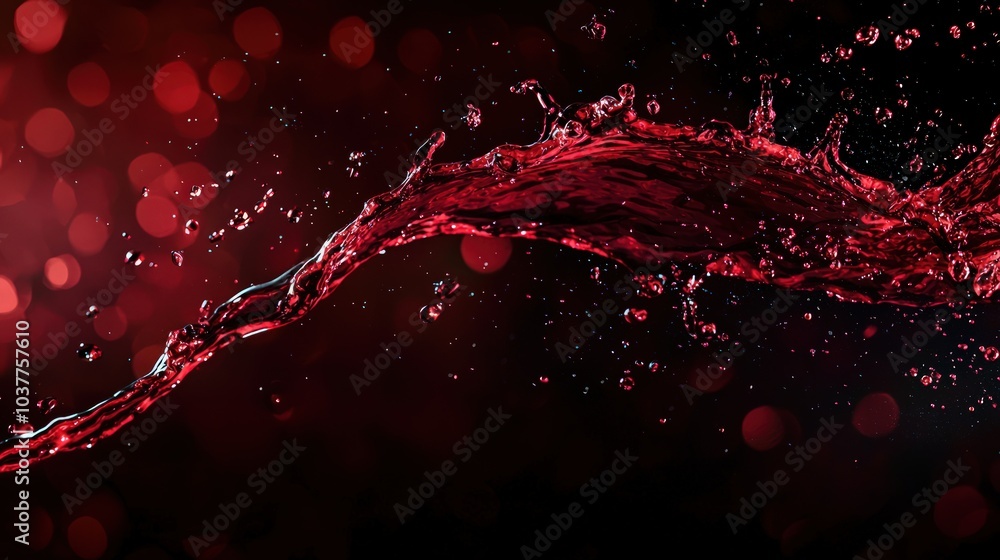 Poster red wine dynamically splashing in an abstract form, capturing the fluid motion and vibrant color aga