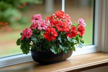 Fototapeta premium A window planter overflowing with colorful Geraniums, brightening the view with their bold red and pink petals