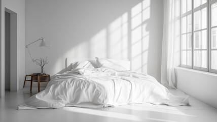 Bright and airy minimalist bedroom with white bedding and soft natural lighting during the day