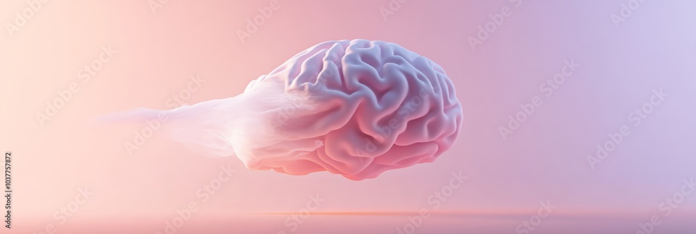 Poster abstract 3d representation of a brain, floating in a serene pastel gradient, showcasing cognitive fu