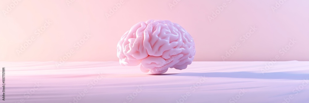 Poster abstract 3d representation of a brain, floating in a serene pastel gradient, showcasing cognitive fu