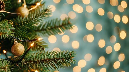 Bright, blurred lights twinkle on a lush green fir tree, creating a dreamy Christmas ambiance thats perfect for the season.