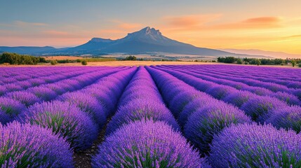 Obraz premium Experience the stunning lavender fields at sunset, as vibrant purple blooms contrast against a golden sky and mountains.