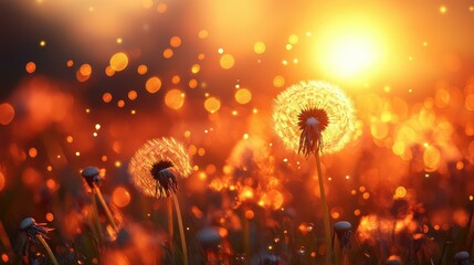 Experience the serene beauty of a magic dandelion field at sunset, enhanced by a dreamy bokeh effect and golden light.