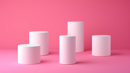 Fototapeta premium A clean set of white cosmetic containers resting on a soft pink backdrop, perfect for elegant branding mockups.