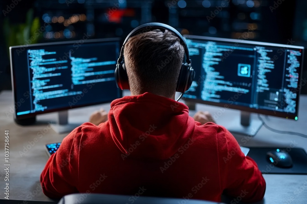 Poster black hat hacking, illustrated in a cyber-futuristic world where digital avatars of hackers manipula