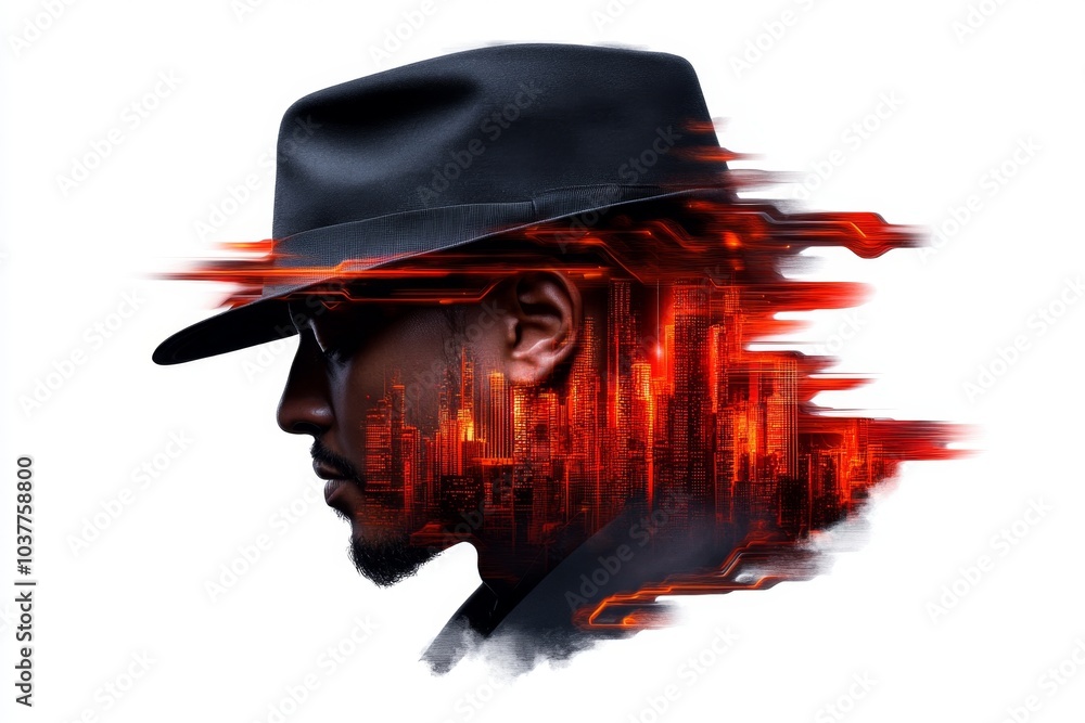 Poster Black hat hacking, illustrated in a soft watercolor style, where the hacker and digital elements are shown with fluid strokes, blending into the digital background