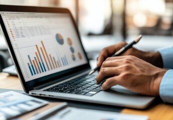 A person analyzing data on a laptop with charts and graphs displayed.