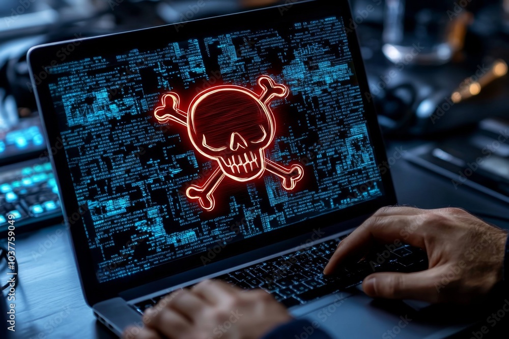 Poster black hat hacking, represented with a laptop screen showing a skull and crossbones icon, indicating 