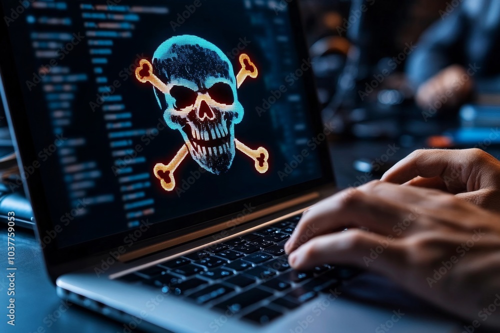 Poster black hat hacking, represented with a laptop screen showing a skull and crossbones icon, indicating 