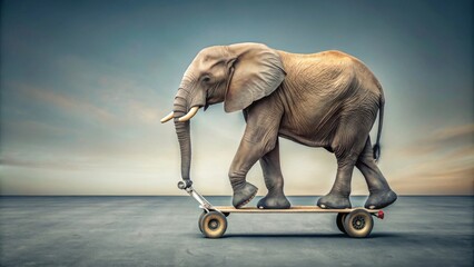 African elephant gracefully riding a push scooter, wildlife, elephant, scooter, transportation, fun, adventure, playful, African