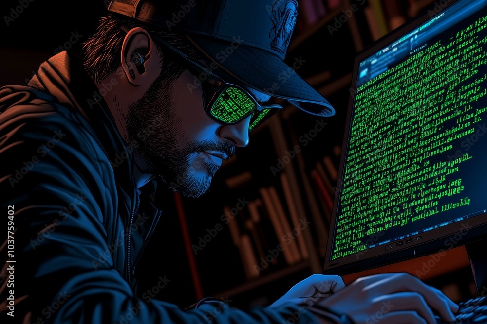 Aufkleber Black hat hacking, shown in pixel art style, with a hacker sitting at an old computer while green pixelated code flows across the screen