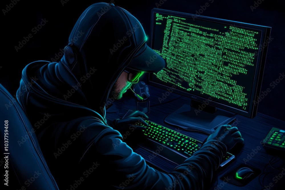 Poster Black hat hacking, shown in pixel art style, with a hacker sitting at an old computer while green pixelated code flows across the screen