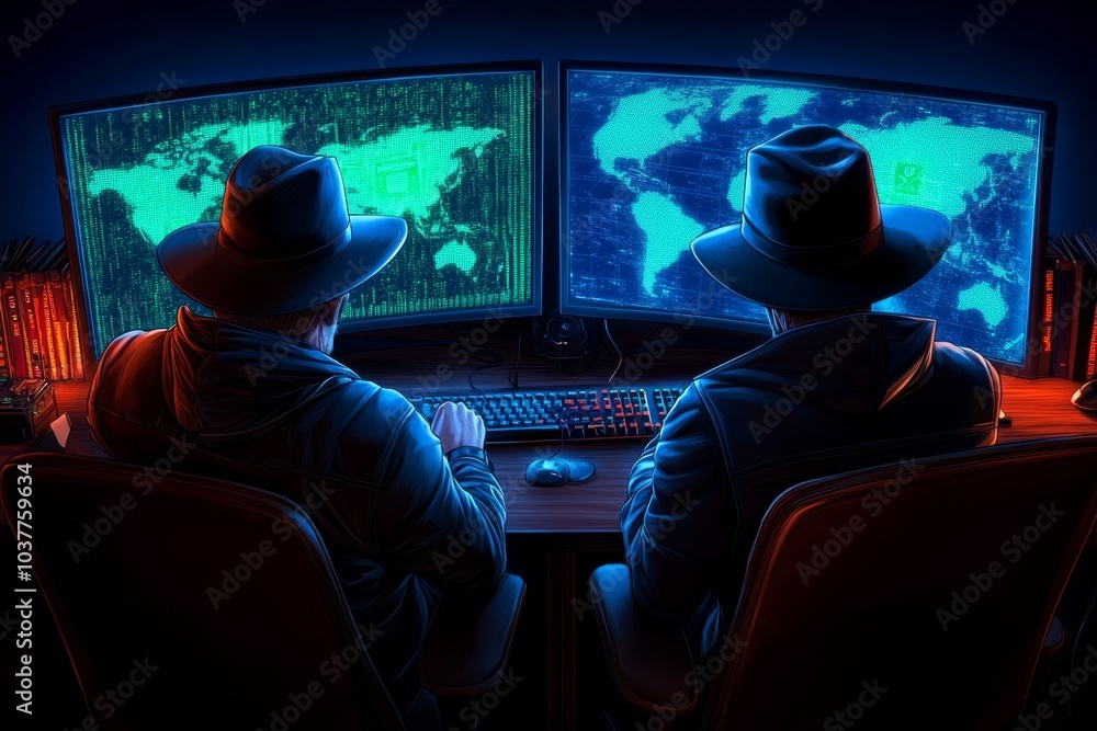 Poster black hat hacking, visualized in a retro style, with old-school computer monitors and green digital 