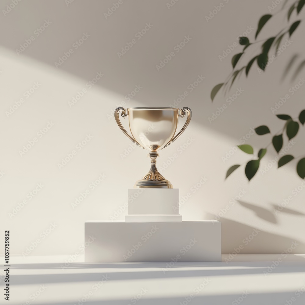 Poster minimalist 3d rendering of a trophy, symbolizing achievement and success, isolated with a soft shado