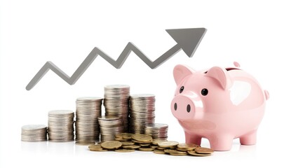 A pink piggy bank next to stacks of coins and an upward trend graph, symbolizing savings growth.