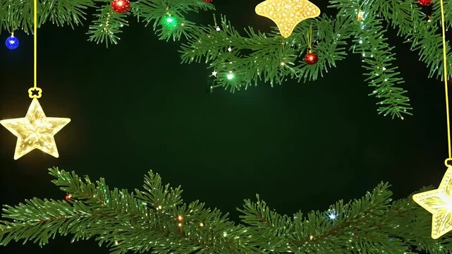 Stop Motion 4K Video Fir Branches Being Decorated Christmas Featuring Appearing Balls Stars Twinkling Garland Dark Background copy space decoration animation border festive winter appear light