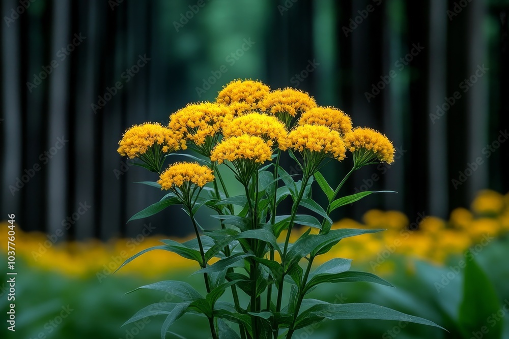 Poster goldenrod flowers growing wild in a field, with soft light filtering through the trees