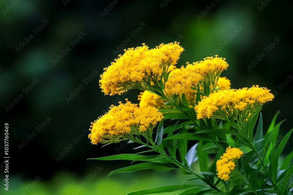 Poster goldenrod flowers growing wild in a field, with soft light filtering through the trees