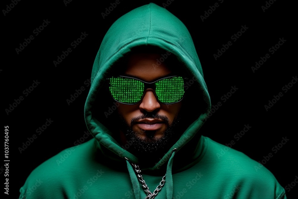 Poster Hacker, bypassing encryption with a decryption program, with intense green code scrolling across multiple screens
