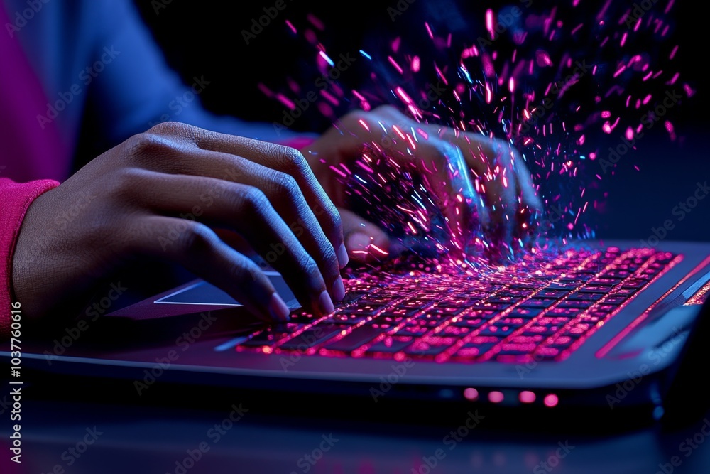 Poster Hacker, shown in a clean, minimalist style, typing on a laptop with subtle lines of code flowing from the screen