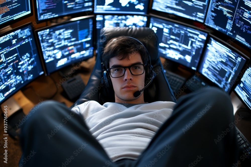 Poster Hacker, sitting in a dark room filled with computer monitors showing hacking activity, security breaches, and data theft