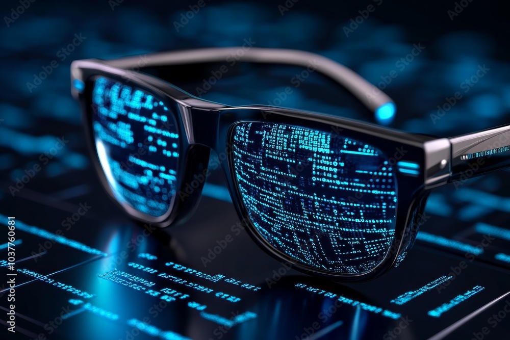 Poster Hacker, visualized in hyper-realistic style, with digital code reflected on glasses, showing the intricate details of the hacking environment