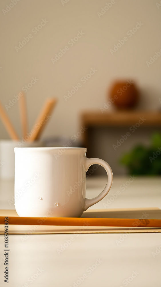 Wall mural simple white ceramic mug on a wooden surface