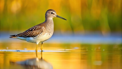 Obraz premium Wood sandpiper bird standing in shallow water, wood sandpiper, wading, water, bird, wildlife, nature, wetland, feathers