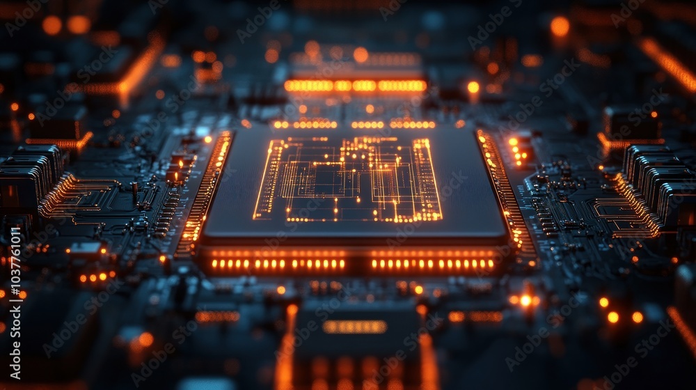 Aufkleber close-up of a futuristic microchip with glowing circuits.