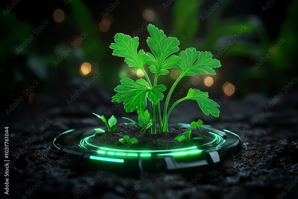 Poster herbal nutrition, visualized in a futuristic style with holographic displays showing the nutritional