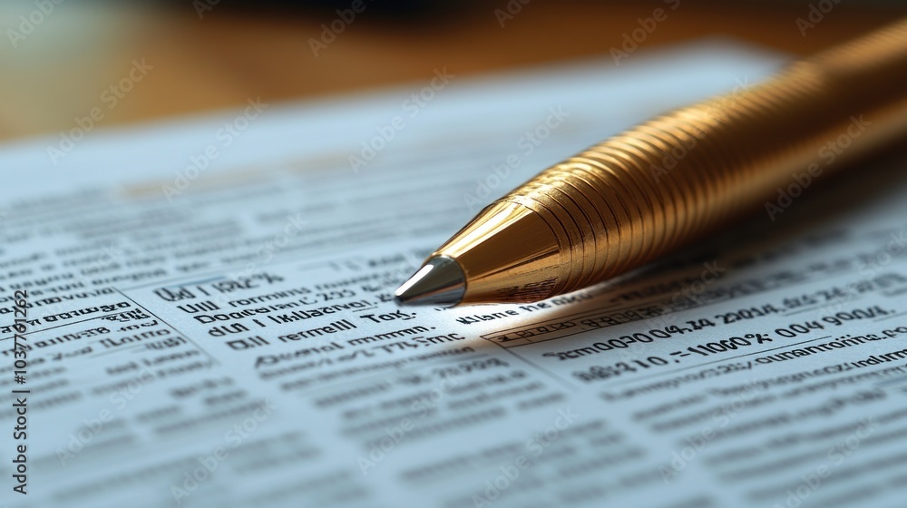 Poster close-up of a pen resting on printed text for note-taking.