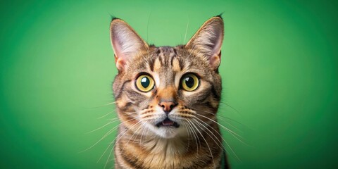 Crazy surprised cat with big eyes against green background, cat, surprised, crazy, feline, expression, amusing, green, background