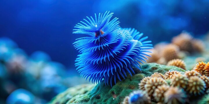 Blue Christmas tree worm on rock in turquoise ocean depth, Blue, Christmas tree worm, rock, turquoise, ocean, depth