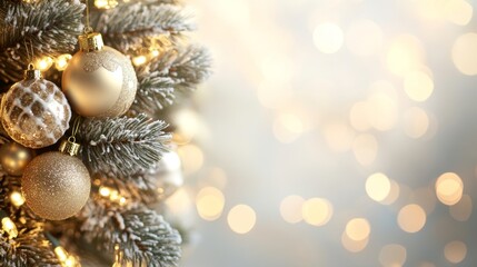 Obraz premium Sparkling Gold Glitter Christmas and New Year Background with Blurred Lights for Holiday Card Design. Festive Luxury Celebration Theme on White Copy Space.