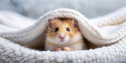 Cozy hamster snuggled under a fluffy blanket, hamster, cozy, small pet, warm, comfortable, furry, relaxation