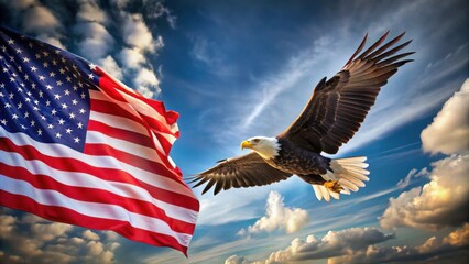 Fototapeta premium Bald Eagle soaring through the sky while holding the American flag, Patriotic, National symbol