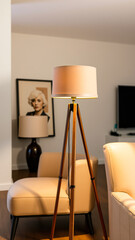 modern living room with a tripod floor lamp two cream-colored armchairs