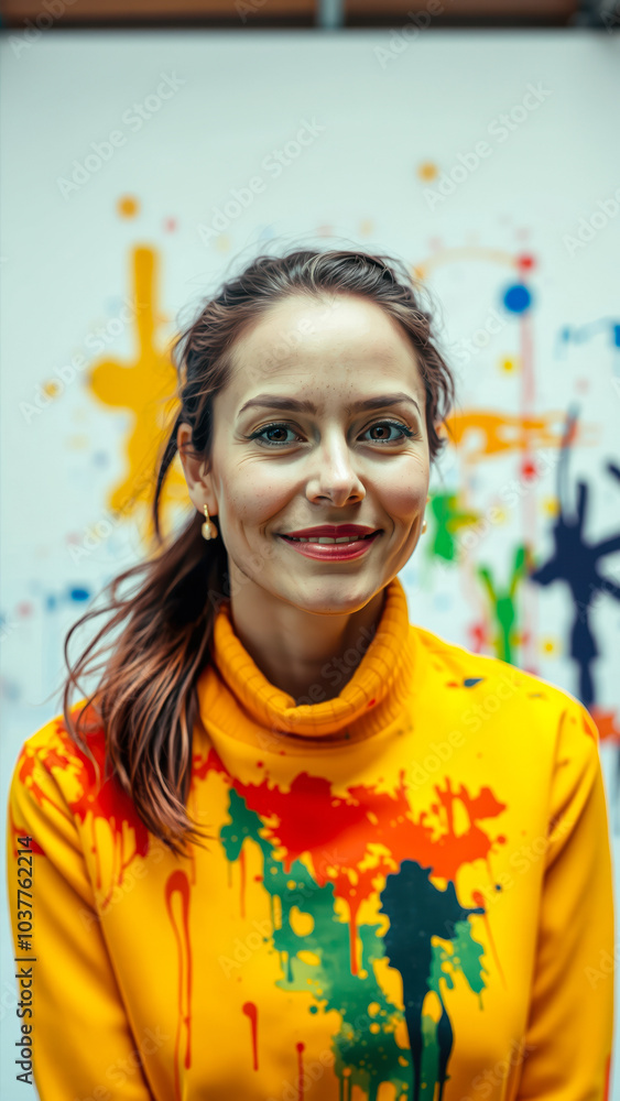 Canvas Prints woman smiles while wearing a yellow sweater with colorful paint splatters