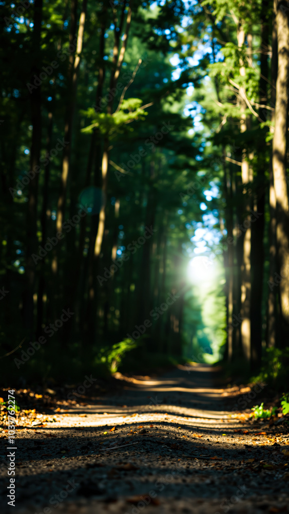 Wall mural sunlit path through a dense forest