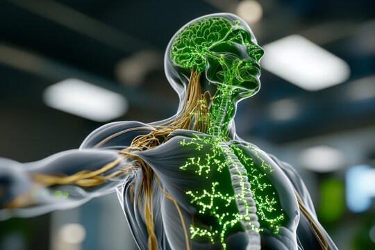 Lymphatic system, hyper-realistically rendered in a 3D human anatomical model, showing every detail of the lymph nodes and vessels