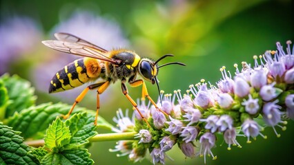 Macro photograph of Great Golden Digger Wasp collecting pollen from mint flower
