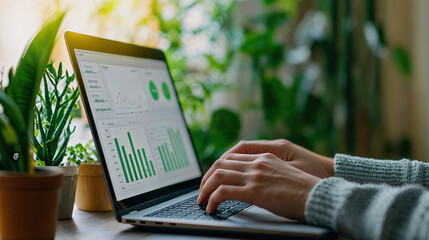 Detailed view of a hand creating a presentation slide on green finance initiatives, laptop screen visible
