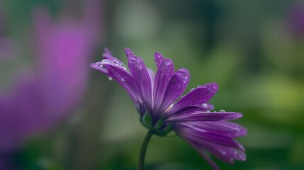 A single purple flower with dew drops on its petals, set against a blurred green background.