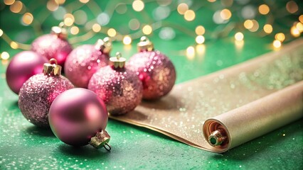 Macro pink glittering Christmas baubles above blank scroll on green background