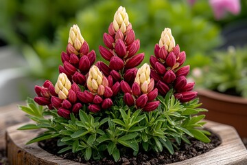 Fototapeta premium Snapdragons blooming in a rustic garden, their dragon-shaped flowers in shades of red and yellow adding a whimsical touch