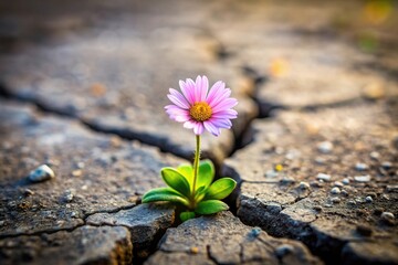 Macro resilient flower growing out of crack in ground