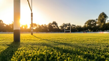A rugby field with a focus on the detailed texture of the goalposts and the turf, outdoor setting during golden hour, Rugged style