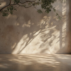 sun rays through the trees, neutral colored wall, nature lights and shadows