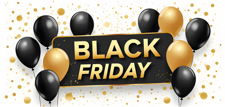 Black friday sale promotion banner with black and golden yallow shiny balloons isolated on white backgorund